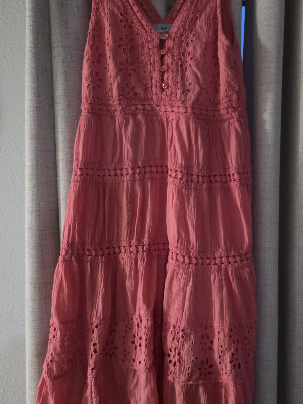 Main Street Sleeveless Eyelet Tiered Maxi Dress in Coral